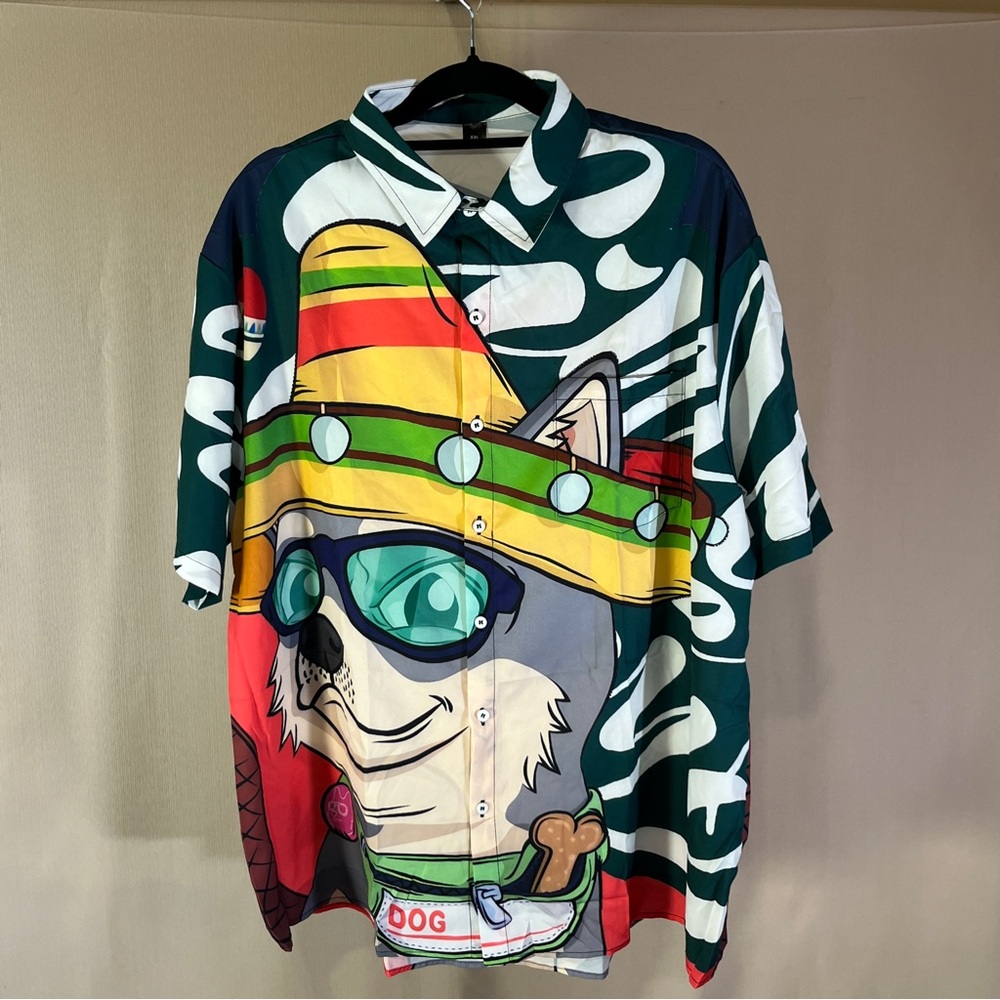 Red and Green Casual Button Down Shirt with Vibrant Design